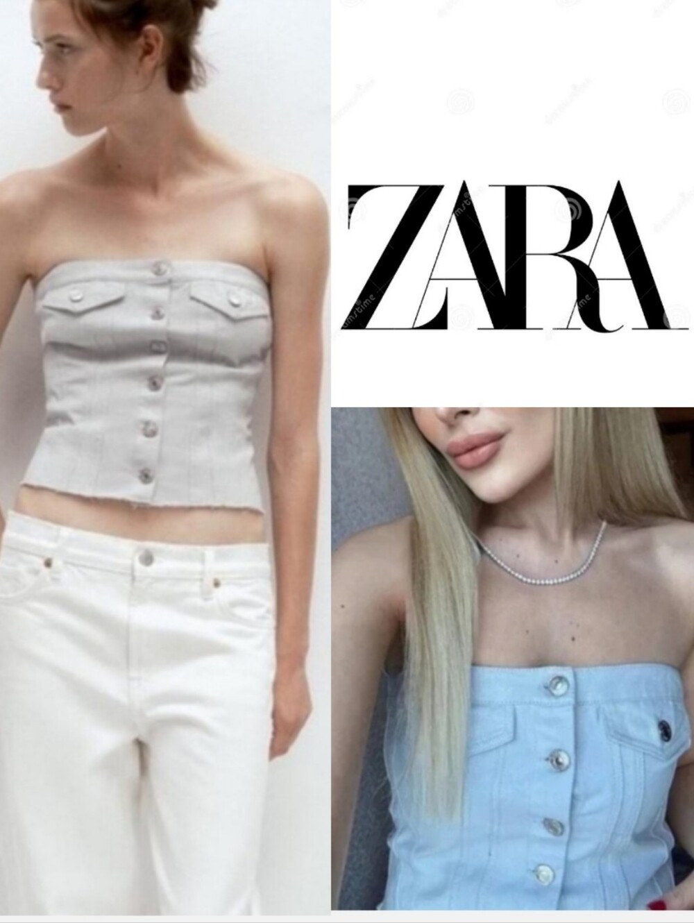 Zara Metallic Denim Corset Top With Smocked Back, Silver, Cotton